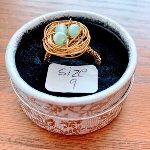 Hand Crafted Gold Wire Nest Ring with Light Green Beads size 9